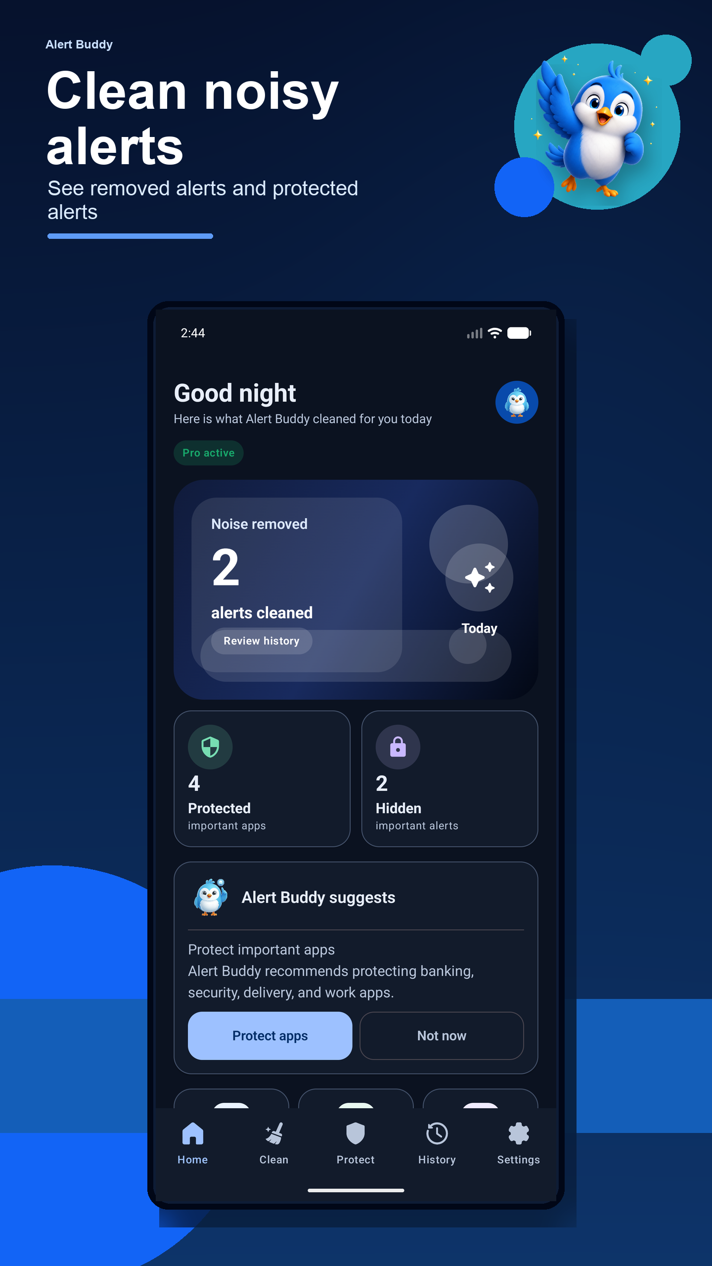 Alert Buddy dashboard showing cleaned alerts and protected apps
