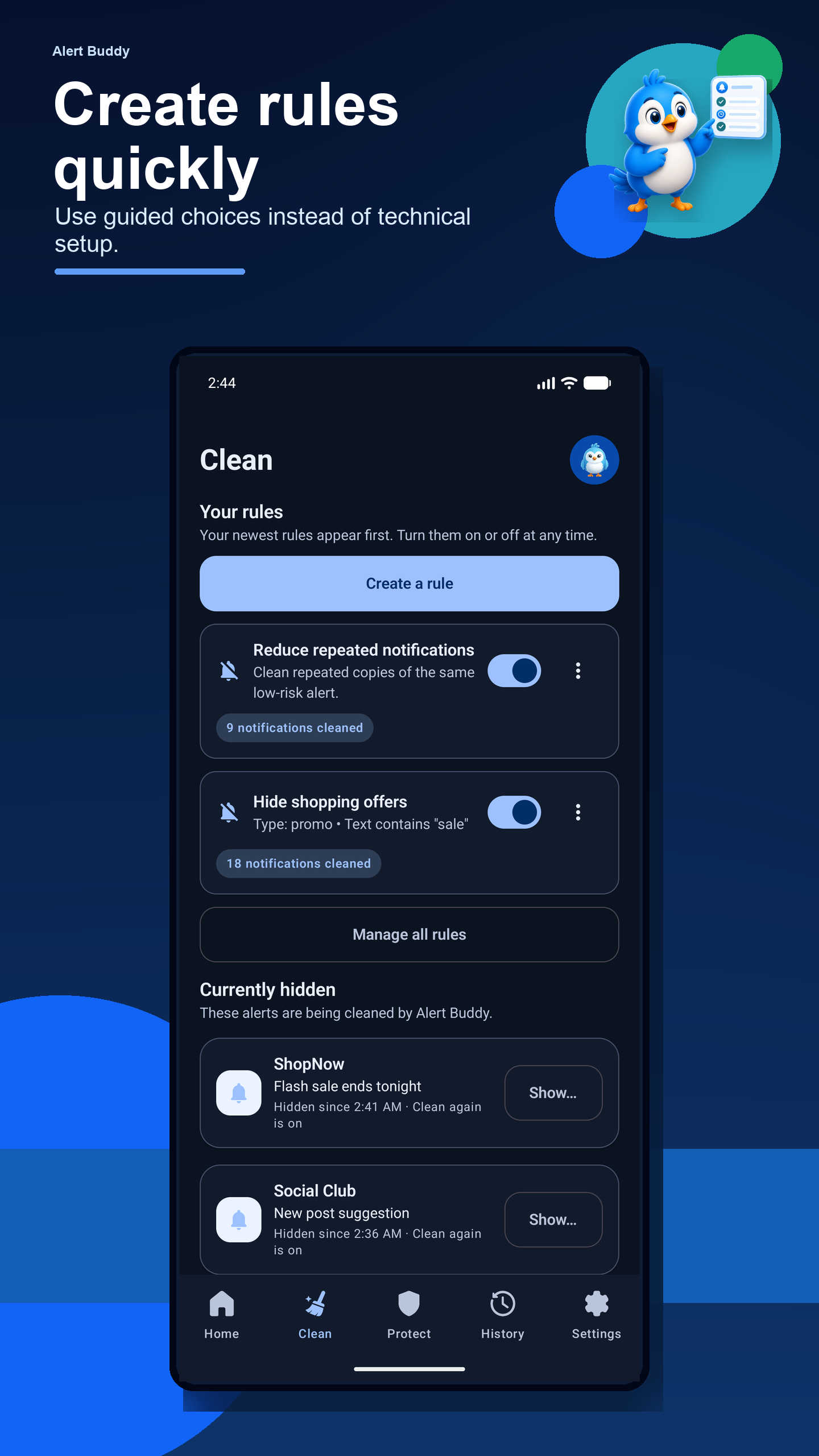 Alert Buddy clean screen showing guided rule creation and cleaning choices